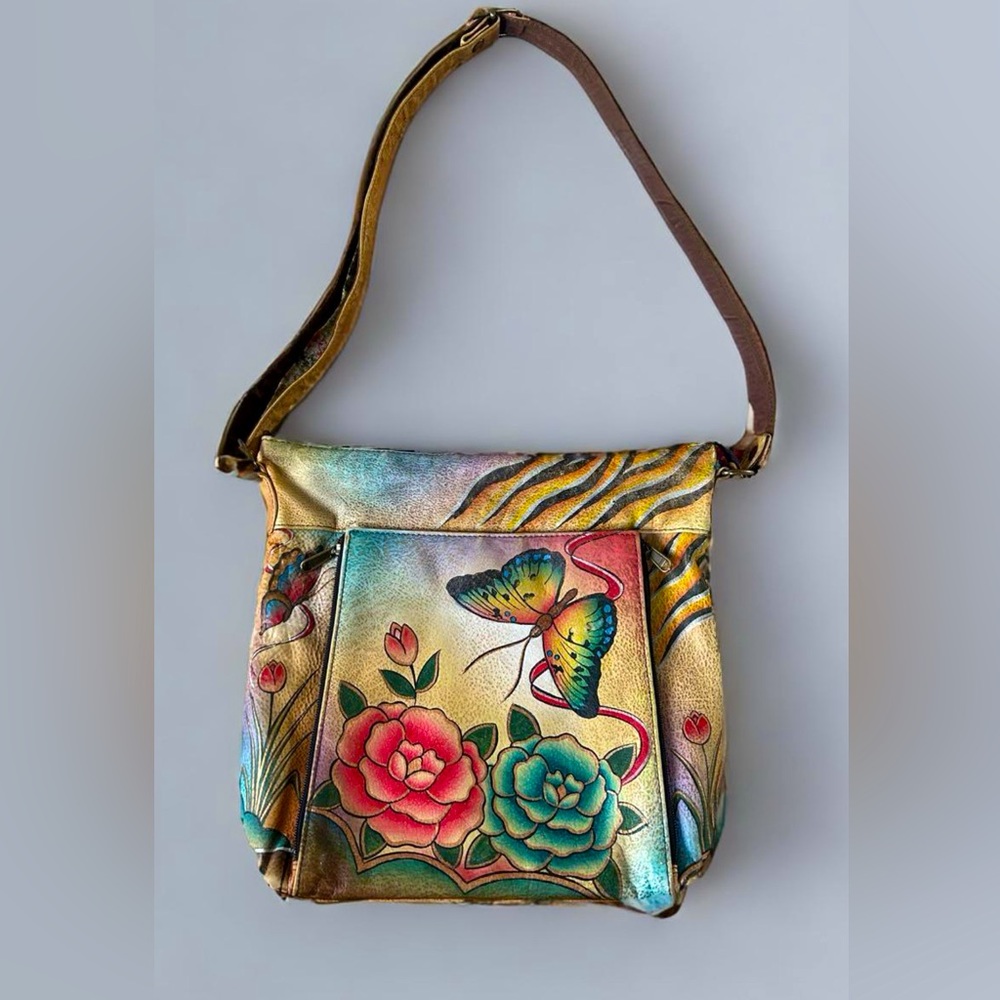 Anuschka Genuine Leather purse butterflies roses hand painted boho